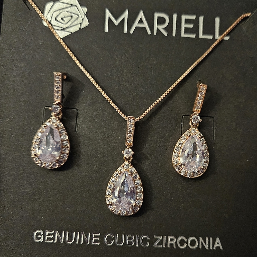 NWT Mariell Genuine CZ 14kt RGP Earrings+Necklace Set - Picture 4 of 8